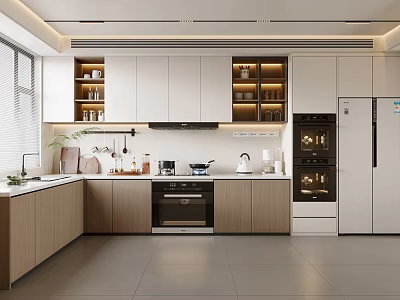 Modern Open Concept Kitchen Interior With Cabinets Island Counter And Appliances 3d model