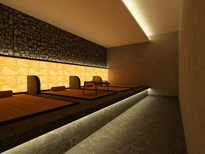 Relaxing Spa Sauna Interior Design With Wooden Benches Stone Wall And Warm Lighting 3d model