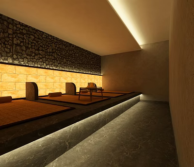 Relaxing Spa Sauna Interior Design With Wooden Benches Stone Wall And Warm Lighting 3d model