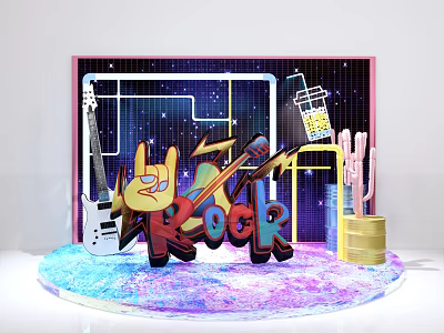 Vibrant Rock Stage Design With Guitar ROCK Letters Lightning And Starry Background 3d model