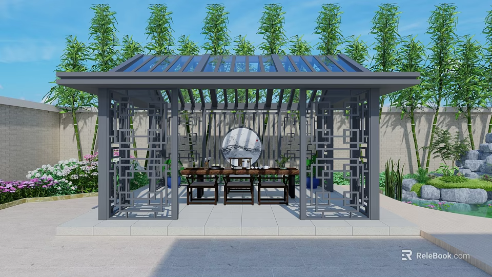 Modern Pavilion With Glass Roof And Geometric Framework Surrounded By Bamboo And Green Plants 3d model 
