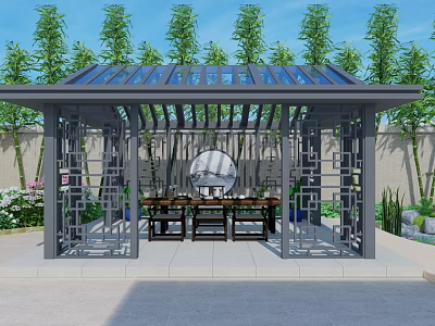 Modern Pavilion With Glass Roof And Geometric Framework Surrounded By Bamboo And Green Plants 3d model