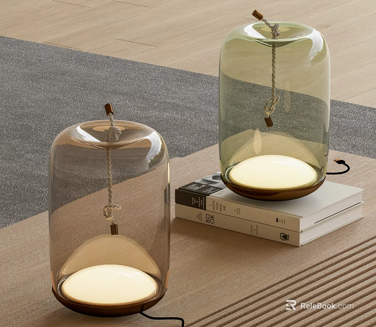 Modern Glass Bell Shaped Table Lamps With Transparent Shade And Warm Light On Books 3d model 