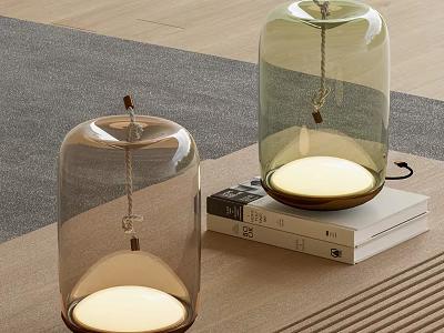 Modern Glass Bell Shaped Table Lamps With Transparent Shade And Warm Light On Books 3d model