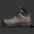 Brown High Top Outdoor Shoes With Durable Sole And Dark Laces On Black Display Stand