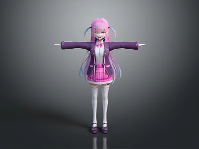 Game Movie Character With Pink Blue Twin Tails Purple Coat Pink Plaid Skirt White Stockings 3d model