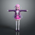 Game Movie Character With Pink Blue Twin Tails Purple Coat Pink Plaid Skirt White Stockings