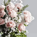 Pink Roses And White Small Flowers In White Spotted Vase With Green Leaves