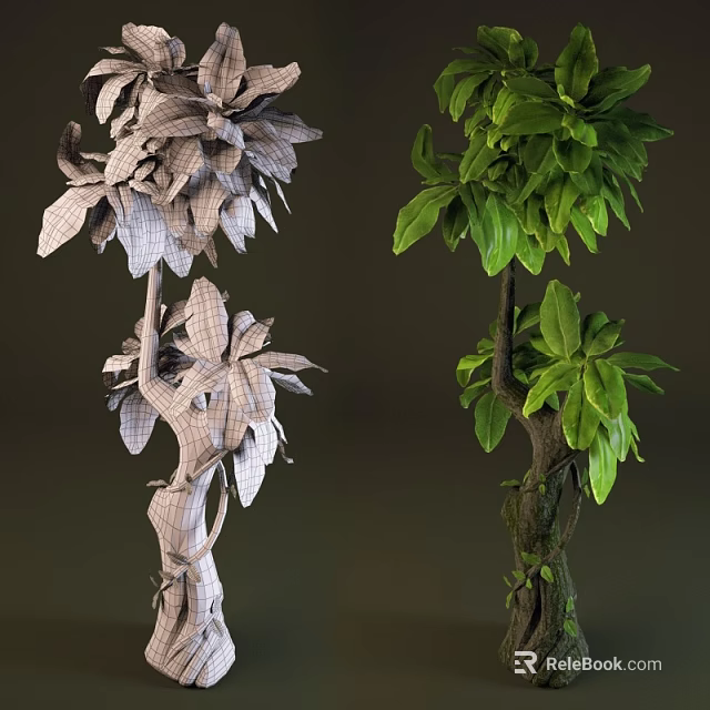 Two Contrasting Plants With Dried Gray Leaves Twisted Vines And Lush Green Foliage Tree Trunk 3d model 