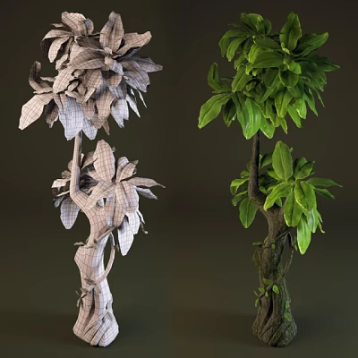 Two Contrasting Plants With Dried Gray Leaves Twisted Vines And Lush Green Foliage Tree Trunk 3d model