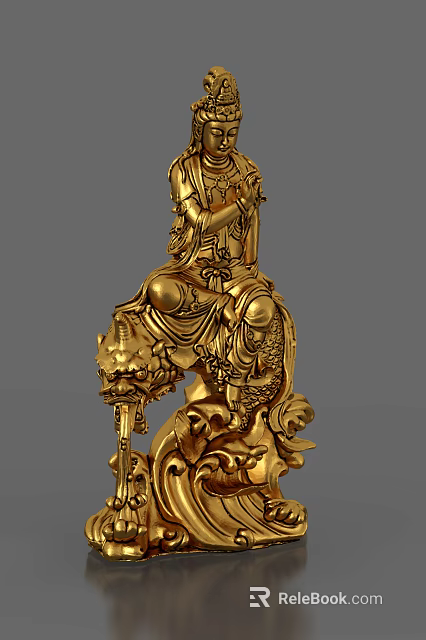 Golden Sculpture Carving Of Figure Seated On Dragon With Intricate Details And Wave Base 3d model 