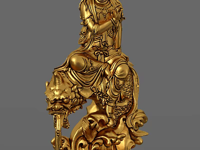 Golden Sculpture Carving Of Figure Seated On Dragon With Intricate Details And Wave Base 3d model