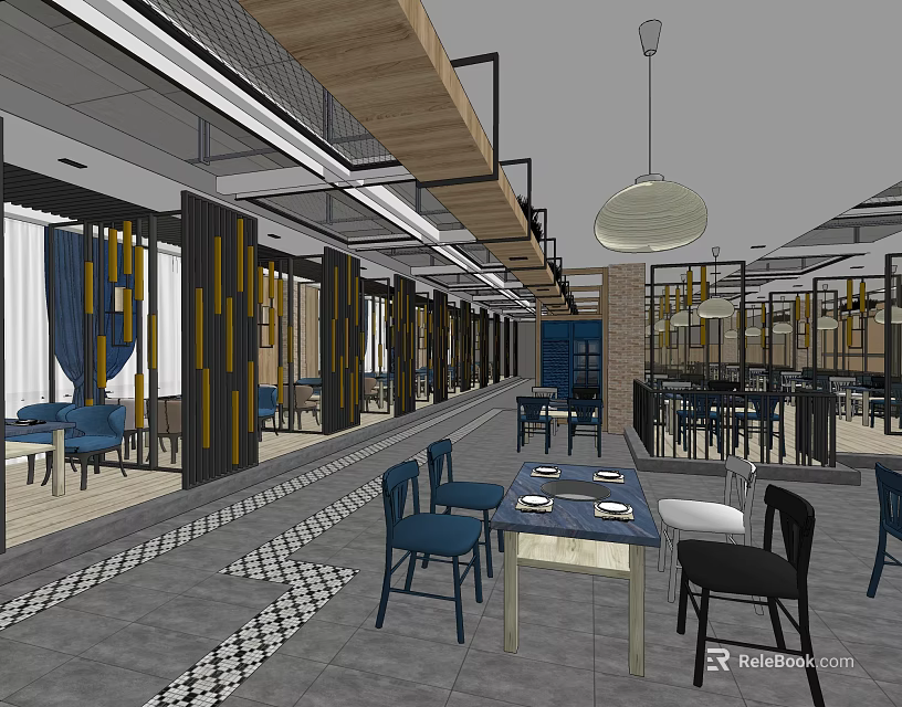 Hotpot Restaurant Interior With Wooden Dividers Tables Chairs Pendant Lights And Patterned Floor 3d model 
