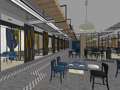 Hotpot Restaurant Interior With Wooden Dividers Tables Chairs Pendant Lights And Patterned Floor 3d model