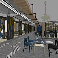 Hotpot Restaurant Interior With Wooden Dividers Tables Chairs Pendant Lights And Patterned Floor