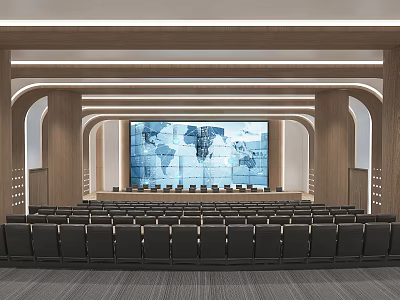 Modern Conference Room Interior With Large World Map Screen And Black Seats 3d model