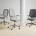 Three Modern Office Chairs With Gray Fabric Metal Frame And Rolling Wheels