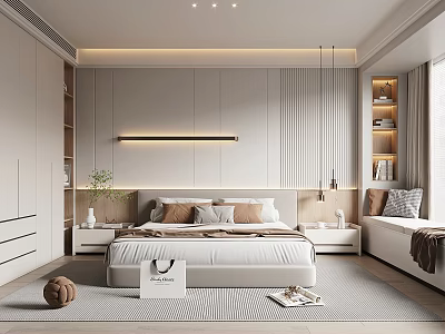 Modern Bedroom Interior Design With White Bed Nightstands Striped Rug And Bookshelves 3d model