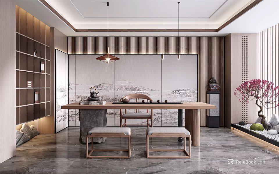Modern Chinese Tea Room Interior With Wooden Table Stools Hanging Lamps And Mountain Painting 3d model 