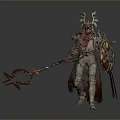 Fantasy Medieval Warrior Sculpture with Horned Helmet Armor Weapon Shield Red Accents