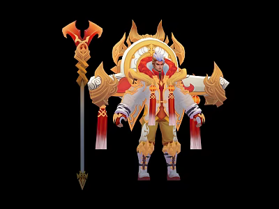 Fantasy Mythical Character Creature With Flaming Staff Ornate Golden Red Armor And Divine Halo 3d model