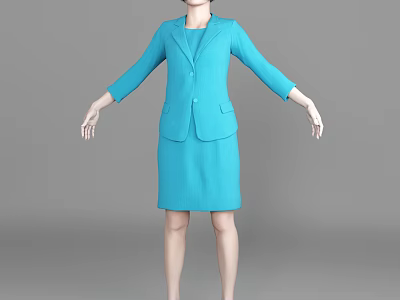 Woman In Blue Formal Suit Dress Standing With Arms Outstretched On Gray Background 3d model