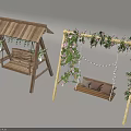 Wooden Outdoor Swing Chairs With Green Plants Flowers String Lights And Cushions