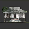 Traditional Wooden House Exterior Design With Gray Roof Red Door Wooden Stairs And Green Grass