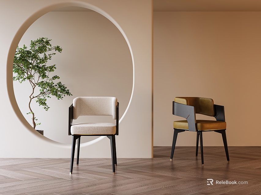 Modern Dining Chairs With Light Upholstery Near Circular Decor And Green Plant On Wooden Floor 3d model 
