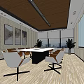 Modern Conference Room With Wooden Ceiling Large Windows Round Table Green Plants And Chairs