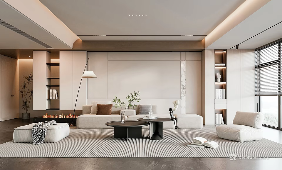 Modern Elegant Living Room Interior With Beige Sofa Coffee Table And Fireplace 3d model