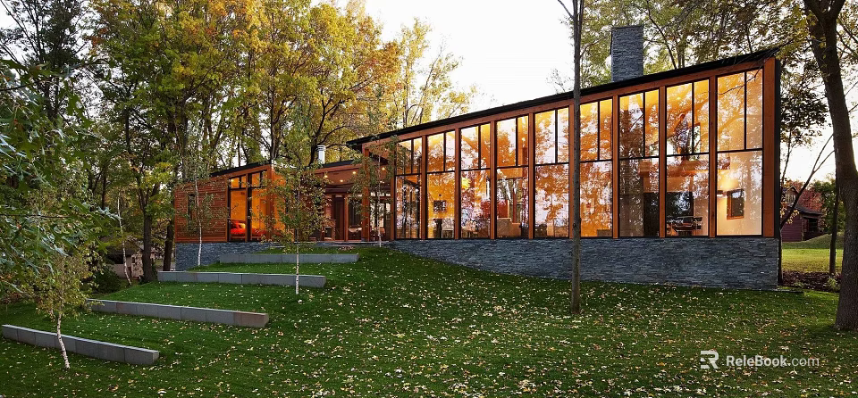Detached Villa Surrounded By Autumn Green Trees With Lawn Large Glass Windows And Stone Wall 3d model 