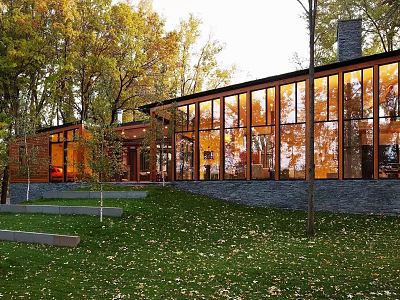 Detached Villa Surrounded By Autumn Green Trees With Lawn Large Glass Windows And Stone Wall 3d model