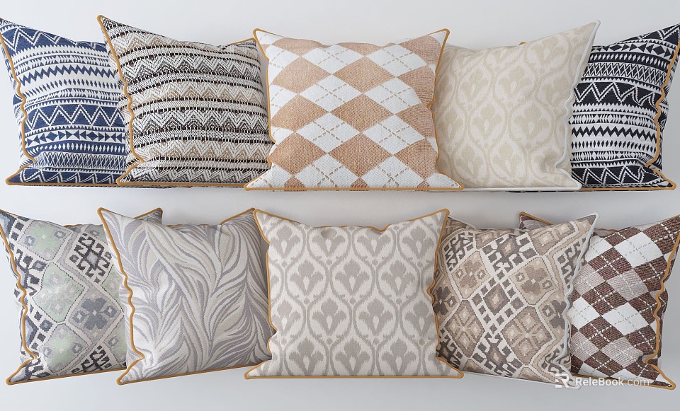 Elegant Decorative Pillows with Geometric Patterns and Neutral Tones for Living Room Decor 3d model 