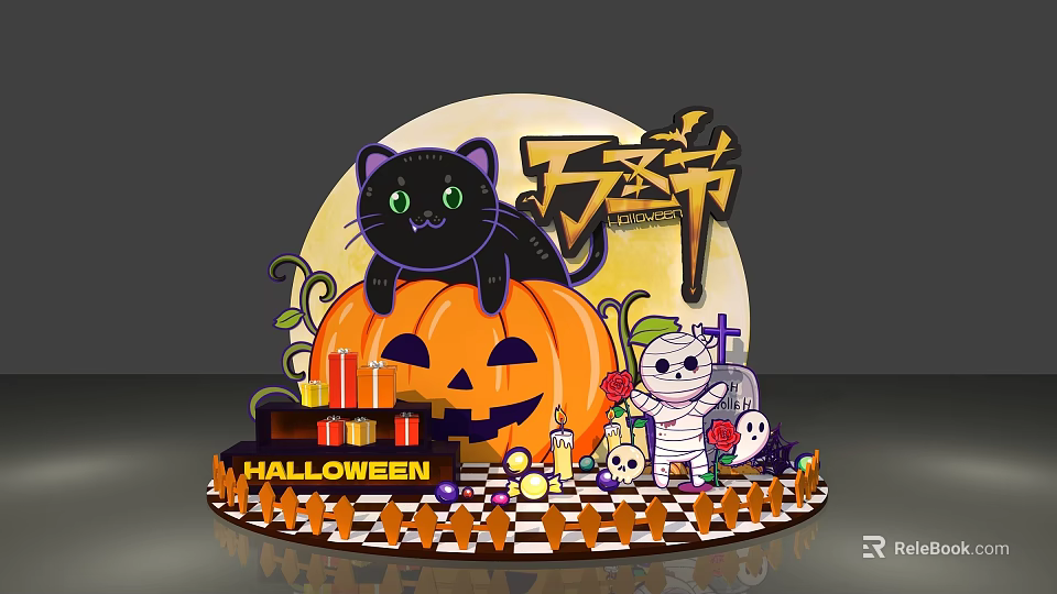 Halloween Decorative Setup With Black Cat Pumpkin Mummy Ghost And Candles 3d model