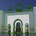 Ornate Stage With Green Domes Geometric Patterns Arched Doorways And Reflective Water Surface At Night