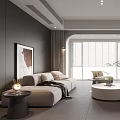 Modern Minimalist Living Room Interior With Gray Sofa Round Coffee Table TV And Plants