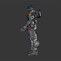 Futuristic Armored Game and Movie Character With Metallic Blue Red Mechanical Design