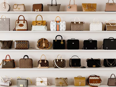 Diverse Handbags Collection Displayed On White Shelves With Various Styles Colors And Materials 3d model
