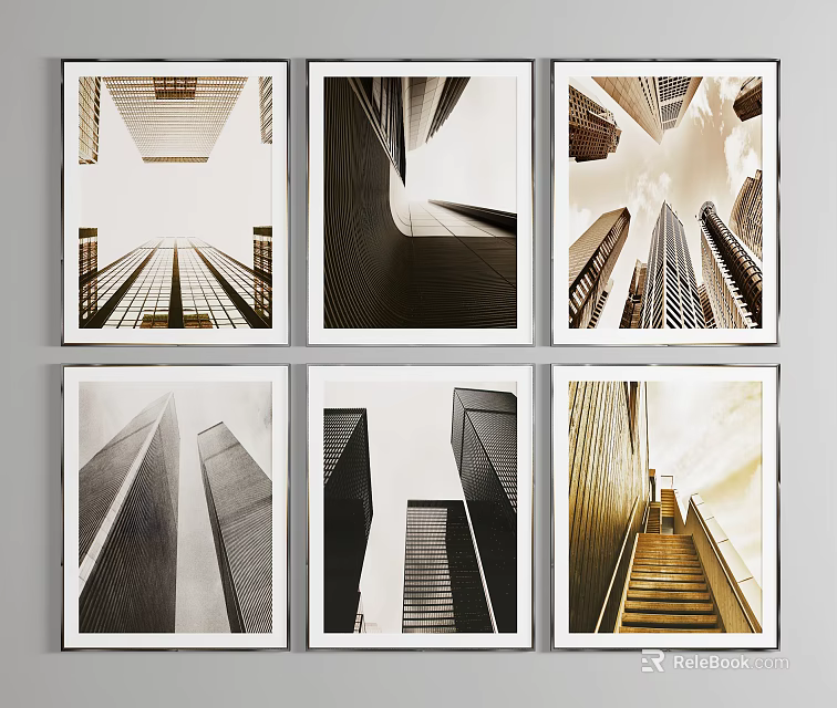 Six Framed Wall Art Pieces Featuring Urban Skyscraper Cityscape With Monochrome And Golden Tones 3d model 