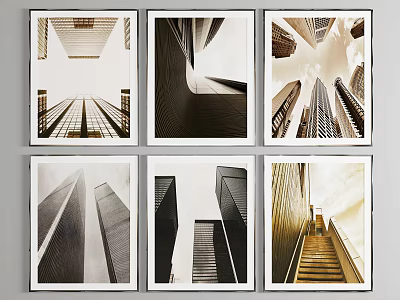 Six Framed Wall Art Pieces Featuring Urban Skyscraper Cityscape With Monochrome And Golden Tones 3d model