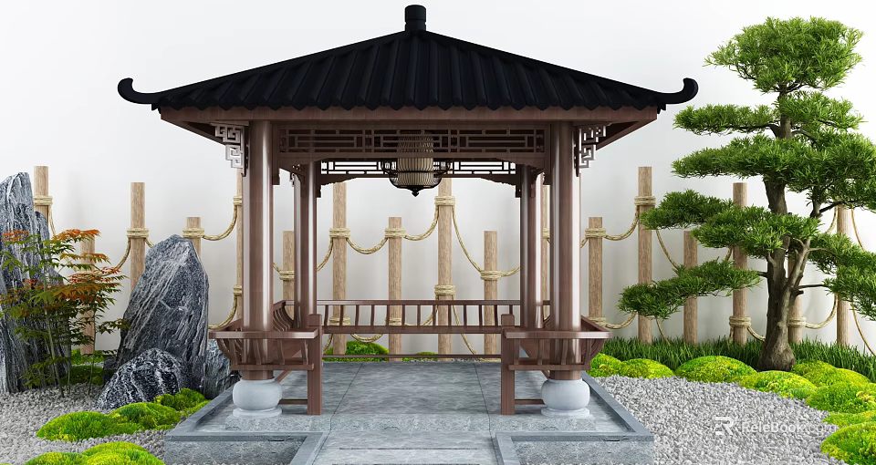 Chinese Traditional Pavilion With Black Roof Wooden Pillars Benches Bamboo And Stone Decor 3d model 