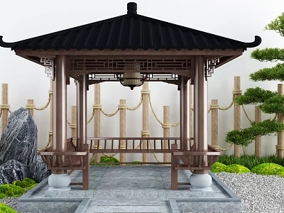 Chinese Traditional Pavilion With Black Roof Wooden Pillars Benches Bamboo And Stone Decor 3d model