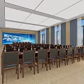 Bright Modern Conference Room Interior With Large Screen Tables Chairs Windows And Curtains