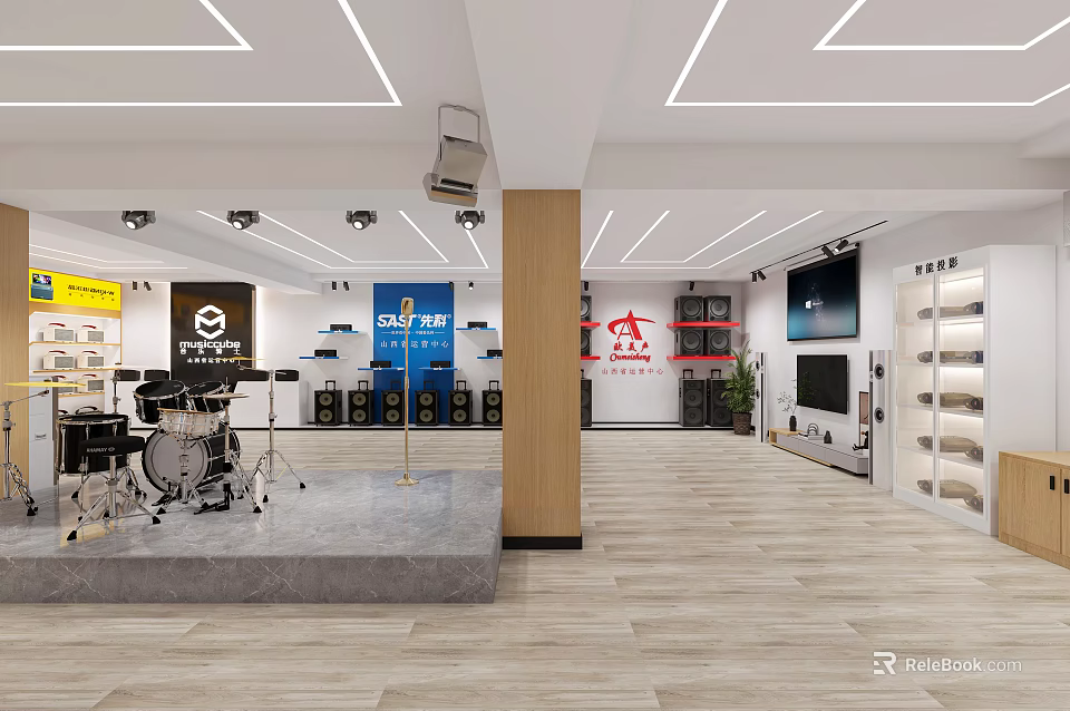 Specialty Store Interior With Drum Set TV Displays And Modern Showcase Cabinets 3d model 