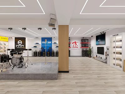 Specialty Store Interior With Drum Set TV Displays And Modern Showcase Cabinets 3d model