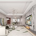 Elegant Dining Living Room Interior With Chandelier Sofa And Decorative Painting On Paneled Walls