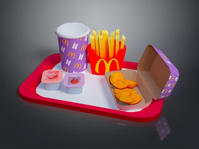 Fast Food Commercial Equipment Including Red Tray Purple Cup Fries Chicken Nugget And Sauce Containers 3d model