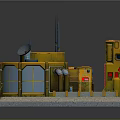 3D Architectural Model Circular Building with Yellow Red Exterior Antennas Adjacent Tower and Platform Base