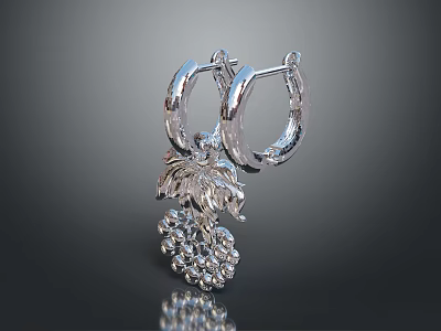 Silver Hoop Earrings With Grape And Leaf Decoration Fashionable Jewelry Accessory Design 3d model